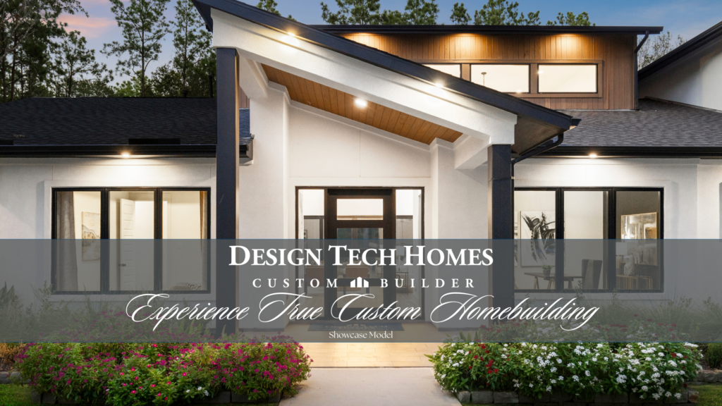 Rendering of modern custom home with white board-and-batten siding, dark metal roof, timber accents, large black-framed windows, covered entry porch, curved driveway, surrounded by tall pine trees