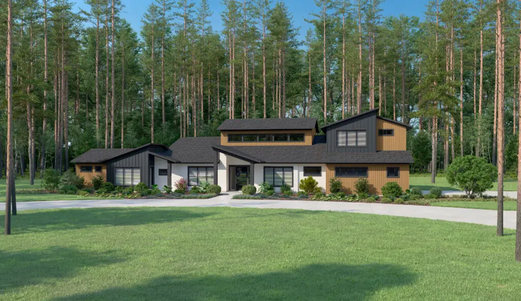 Rendering of modern custom home with white stucco and dark wood siding, black metal roof, large black-framed windows, covered entry with timber accents, surrounded by tall pine trees