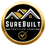 SureBuilt Certified Home gold and black seal logo with mountain and house icon, checkmark, and "SureBuilt Certified Home" text