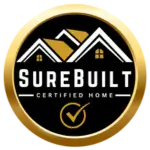 SureBuilt Certified Home gold and black seal logo with mountain and house icon, checkmark, and "SureBuilt Certified Home" text