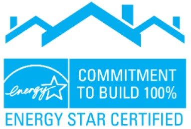 ENERGY STAR Certified Commitment seal with blue house icon, star, and text "Commitment to Build 100% ENERGY STAR Certified"