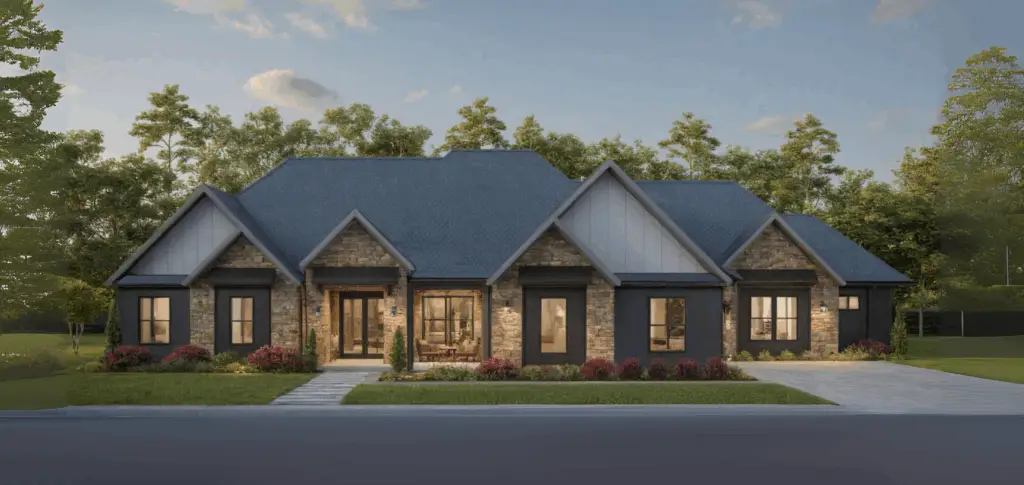 Architectural rendering of a modern farmhouse-style home with stone and siding exterior, multiple gables, large windows, and landscaped front yard.