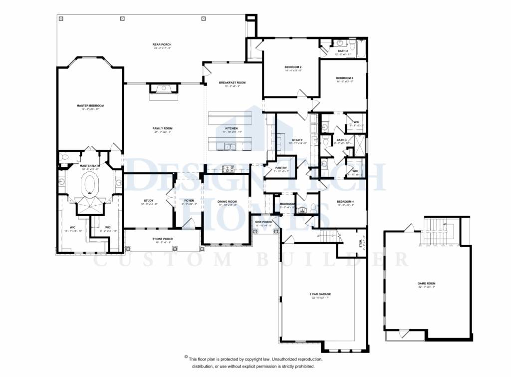 Black-and-white floor plan of a single-story custom home featuring an open family room, kitchen with island, breakfast area, dining room, study, master suite with dual walk-in closets, four additional bedrooms, multiple bathrooms, utility and mudroom, front and rear porches, side porch, a two-car garage, and a separate game room.