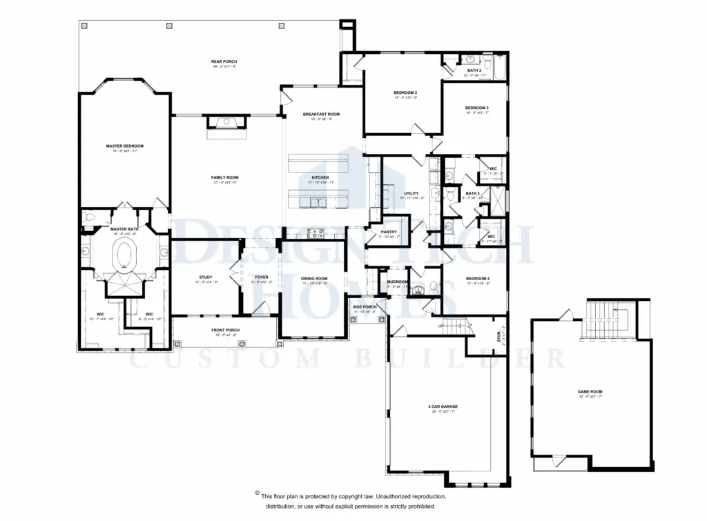Black-and-white floor plan of a single-story custom home featuring an open family room, kitchen with island, breakfast area, dining room, study, master suite with dual walk-in closets, four additional bedrooms, multiple bathrooms, utility and mudroom, front and rear porches, side porch, a two-car garage, and a separate game room.