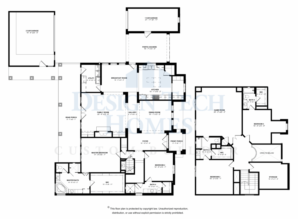 Two-story custom home floor plan showing a main-level primary suite, open kitchen, dining room, family room, study, multiple bedrooms, detached and attached garages, and a second-floor game room with additional bedrooms and storage.