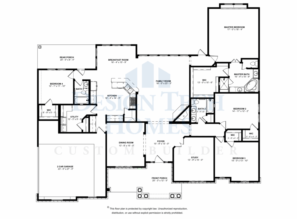 Black-and-white floor plan of a single-story home featuring a central family room, open kitchen with island, breakfast area, formal dining room, private master suite, three additional bedrooms, study, utility room, rear porch, and a two-car garage.