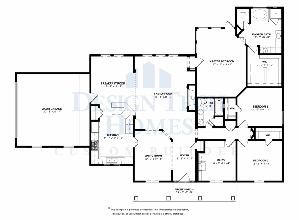 Black-and-white floor plan illustrating a single-story home with an open family room, kitchen, breakfast area, dining room, private master suite, two secondary bedrooms, utility room, and an attached two-car garage.