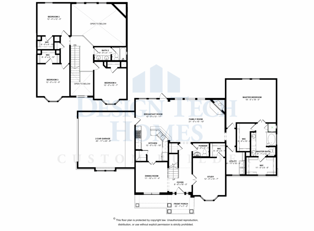 Black-and-white floor plan showing a main level with an open family room, kitchen, breakfast area, dining room, study, and private master suite, plus an upper level with three secondary bedrooms, shared bath, and open-to-below views.