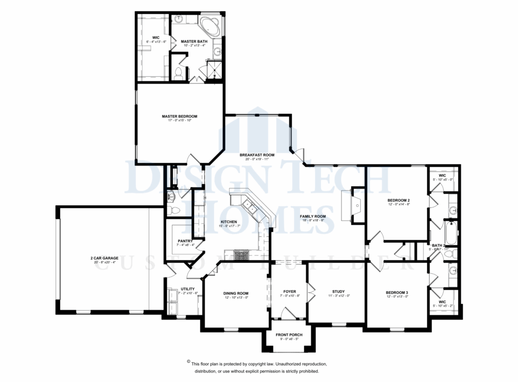 Black-and-white floor plan illustrating a single-story home with a private master suite, open family room, kitchen with angled island, breakfast room, formal dining, study, two secondary bedrooms, and a two-car garage.