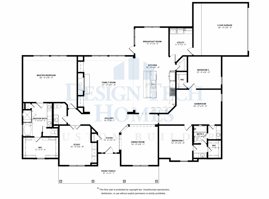 Black-and-white floor plan of a single-story home featuring a central family room, kitchen with island and breakfast area, gallery hallway, private master suite, two secondary bedrooms, game room, study, front porch, and a two-car garage.