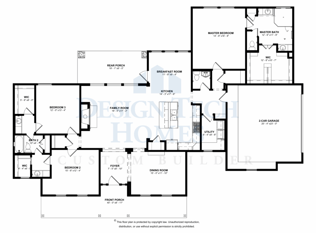 Black-and-white floor plan showing a single-story home with central family room, kitchen with island and breakfast area, dining room, private master suite, two secondary bedrooms, utility room, rear porch, and a two-car garage.