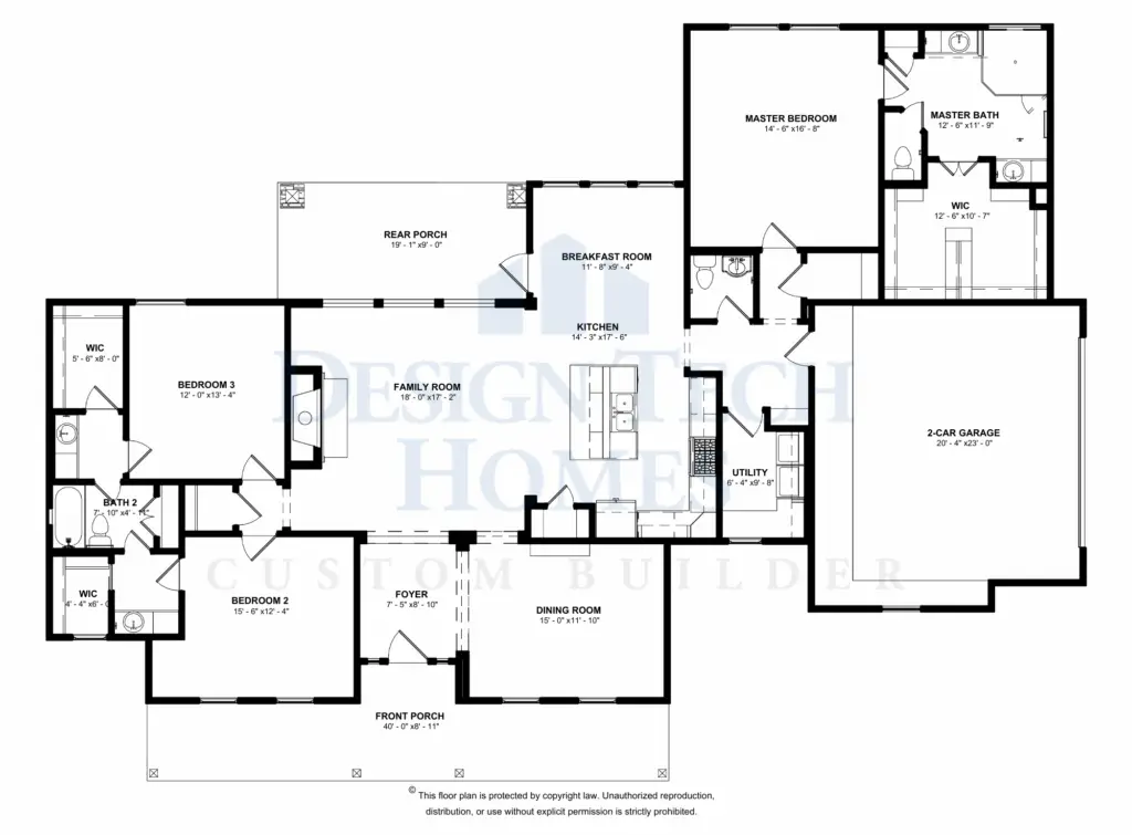 Black-and-white floor plan showing a single-story home with central family room, kitchen with island and breakfast area, dining room, private master suite, two secondary bedrooms, utility room, rear porch, and a two-car garage.