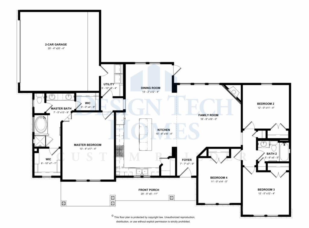 Black-and-white floor plan of a single-story home featuring an open family room, kitchen with central island, dining room, front porch, private master suite with walk-in closets and bath, three secondary bedrooms, utility room, and a two-car garage.