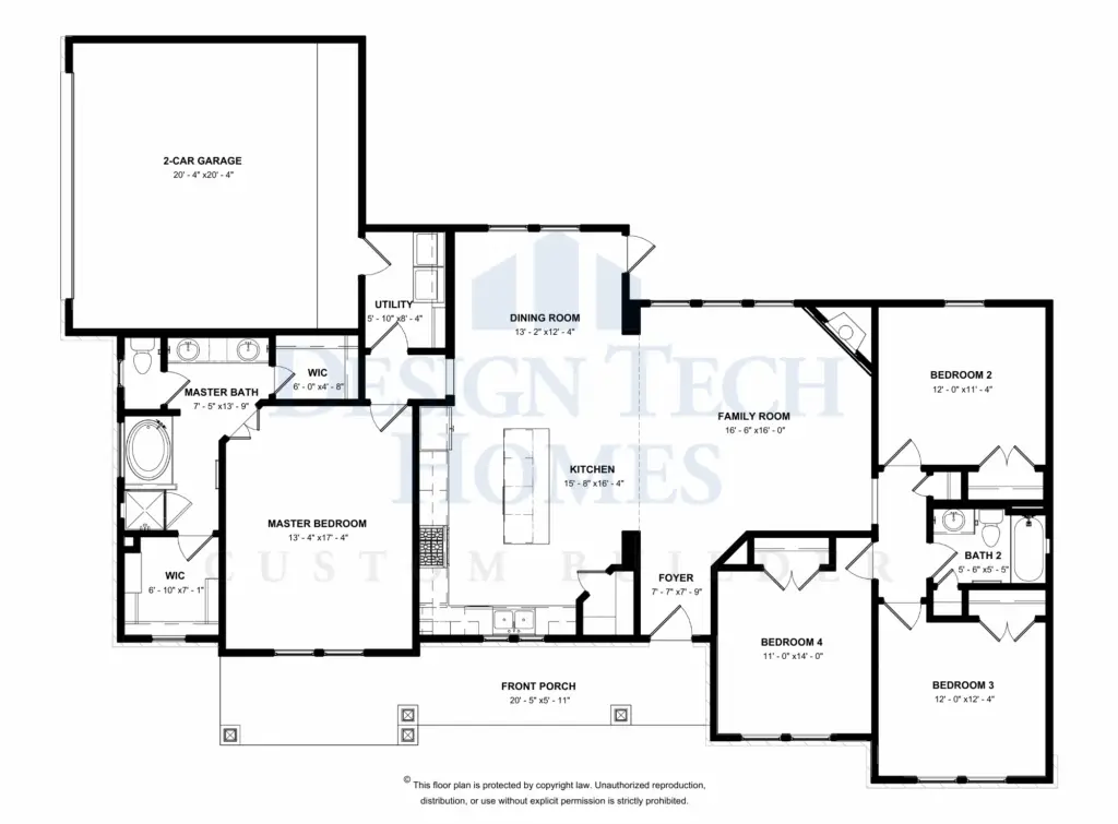Black-and-white floor plan of a single-story home featuring an open family room, kitchen with central island, dining room, front porch, private master suite with walk-in closets and bath, three secondary bedrooms, utility room, and a two-car garage.