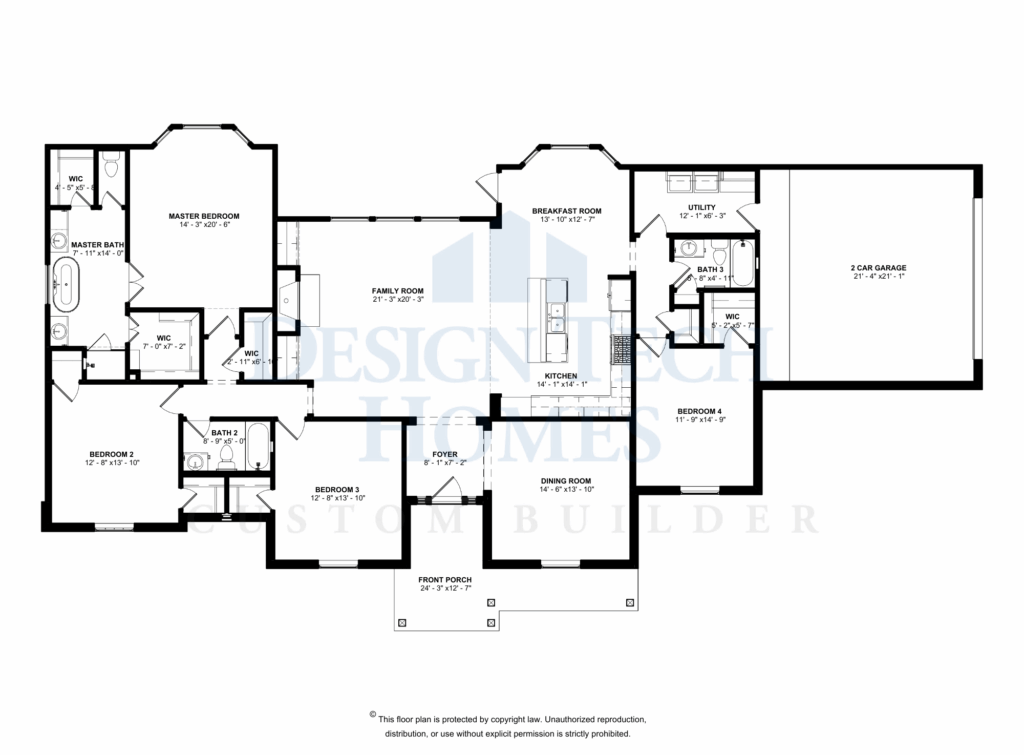 Black-and-white floor plan of a single-story home featuring an open family room, kitchen with island and breakfast room, formal dining room, front porch, private master suite with multiple walk-in closets and bath, three secondary bedrooms, utility room, and a two-car garage.