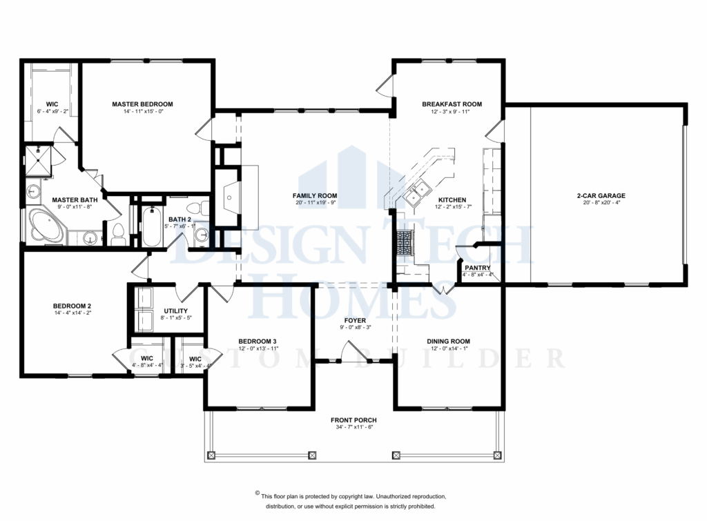 Black-and-white floor plan of a single-story home with an open family room, kitchen with island and pantry, breakfast room, dining room, front porch, private master suite with walk-in closet and bath, two secondary bedrooms with walk-in closets, utility room, and a two-car garage.