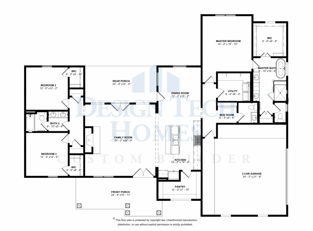 Black-and-white floor plan of a single-story custom home featuring an open family room, kitchen with island, dining room, pantry, mudroom, utility room, private master suite with walk-in closet and bath, two secondary bedrooms with walk-in closets, shared bathroom, front and rear porches, and a two-car garage.