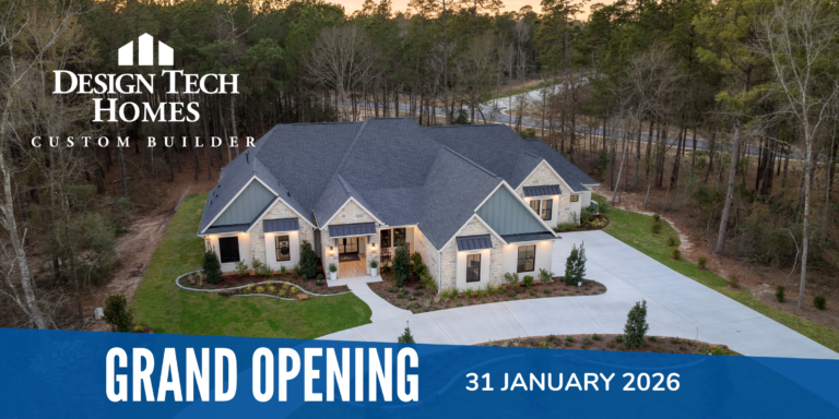Luxury custom home by Design Tech Homes in Texas surrounded by trees, featuring stone exterior and modern farmhouse design.