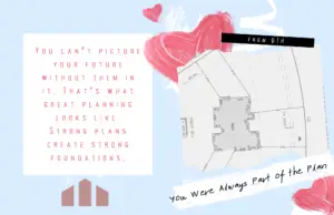 Custom home blueprint layout with Valentine’s Day themed message “You Were Always Part of the Plan” from Design Tech Homes in Texas.