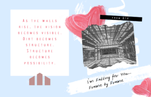 Wood framing stage of a Texas custom home build with Valentine’s Day themed overlay reading “I’m Falling for You… Frame by Frame” by Design Tech Homes.