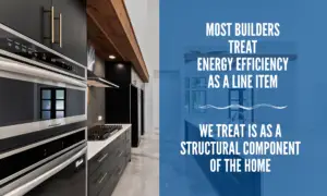 Design Tech Homes kitchen interior with message about treating energy efficiency as a structural component of the home