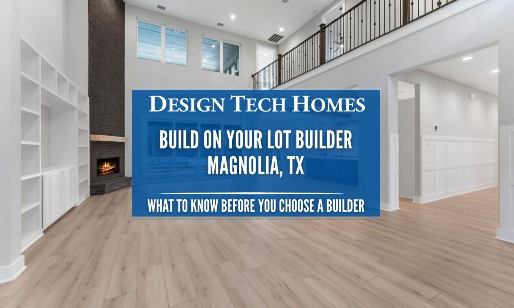 Open-concept living room interior of a custom home built by Design Tech Homes in Magnolia, Texas, featuring a modern fireplace, high ceilings, large windows, hardwood floors, and white built-in shelving