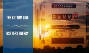 Electric meter at sunset with message about using less energy and lowering utility bills