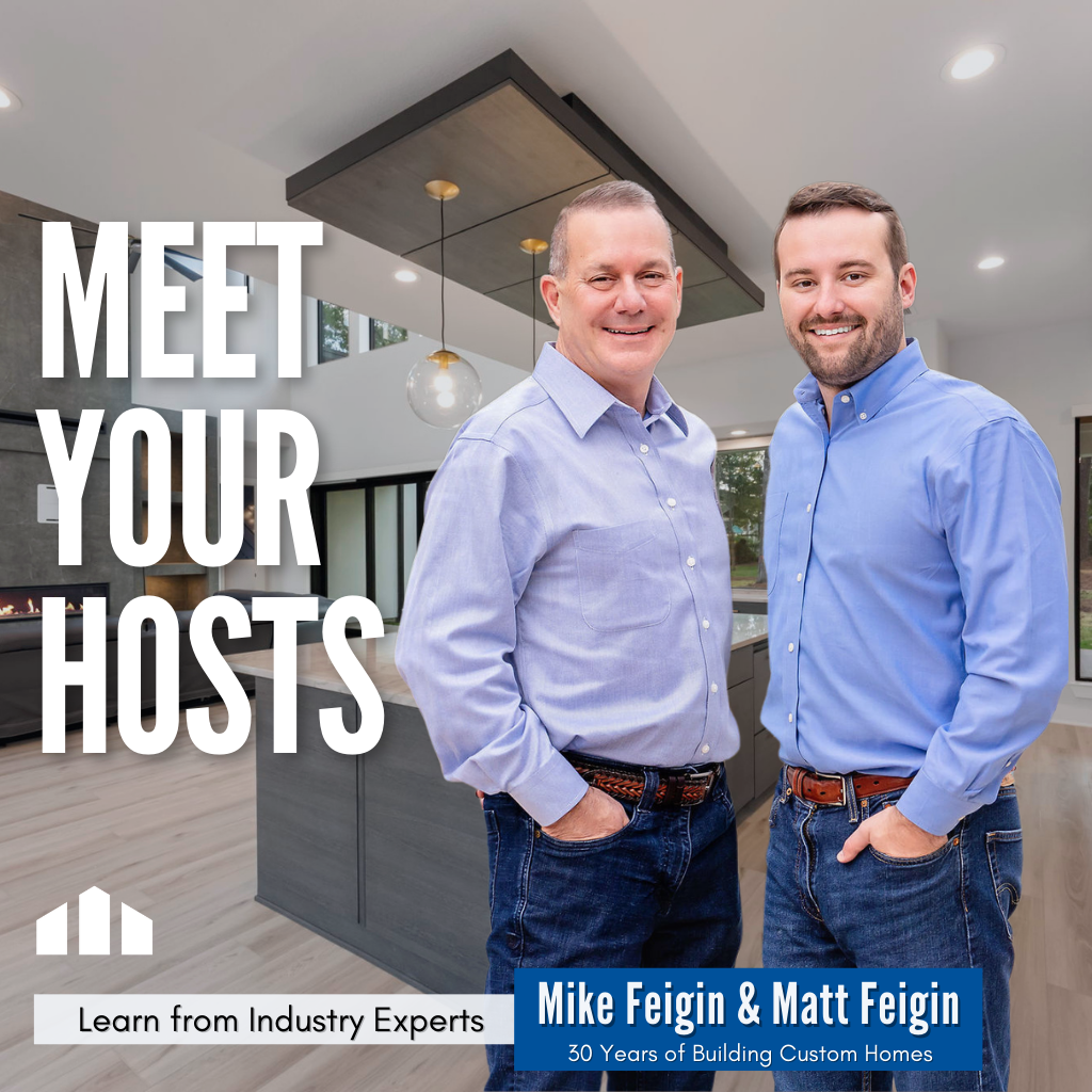 Mike and Matt Feigin, custom home builders and seminar hosts, standing inside a modern custom-built home kitchen.