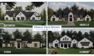 Design Tech Homes custom home plans collection featuring Rosenberg, Amarillo, Sienna, and Glenmore elevations