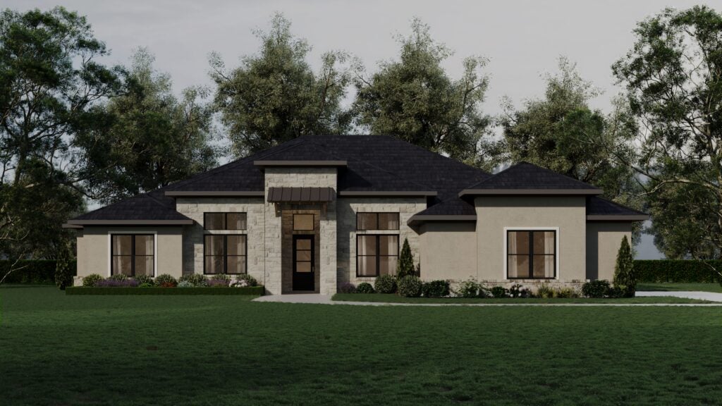 Sienna luxury single story custom home elevation with stone and stucco exterior and modern transitional design