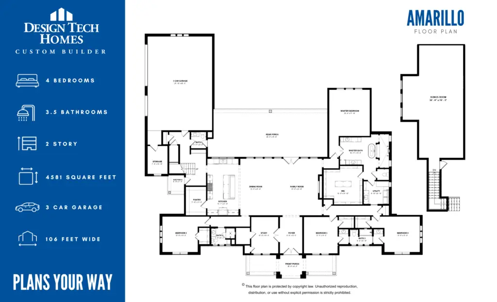 Amarillo floor plan featuring 4 bedrooms, 3.5 bathrooms, two story layout with bonus room and 3 car garage