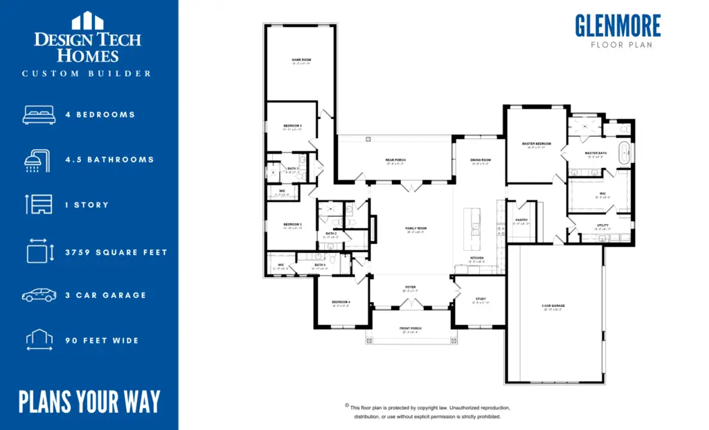 Glenmore floor plan featuring 4 bedrooms, 4.5 bathrooms, single story layout with game room and 3 car garage