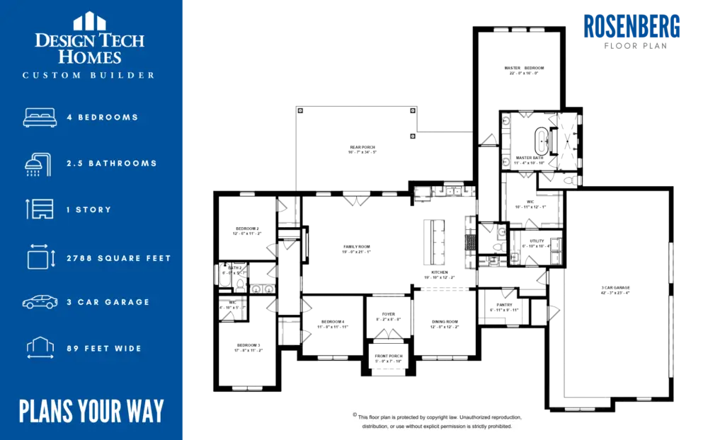 Rosenberg floor plan featuring 4 bedrooms, 2.5 bathrooms, single story layout with open living area and 3 car garage