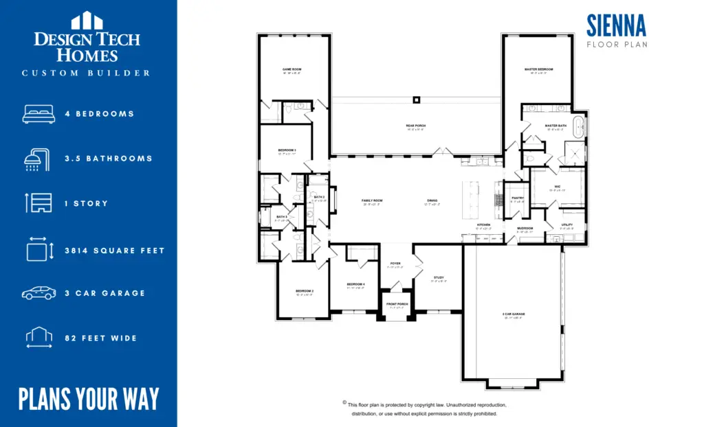 Sienna floor plan featuring 4 bedrooms, 3.5 bathrooms, single story layout with open living area and 3 car garage