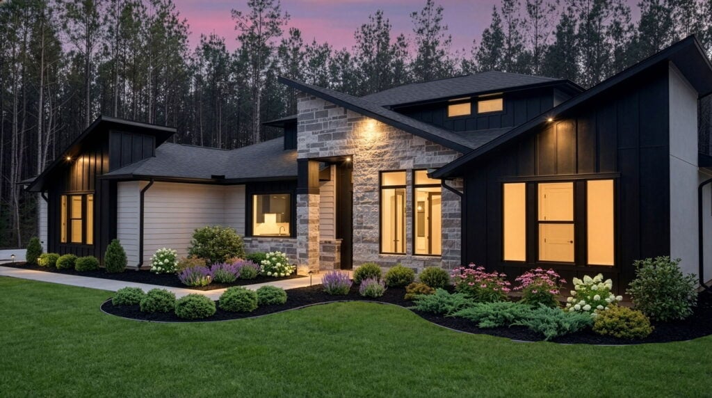 Modern custom home with landscaping and evening lighting