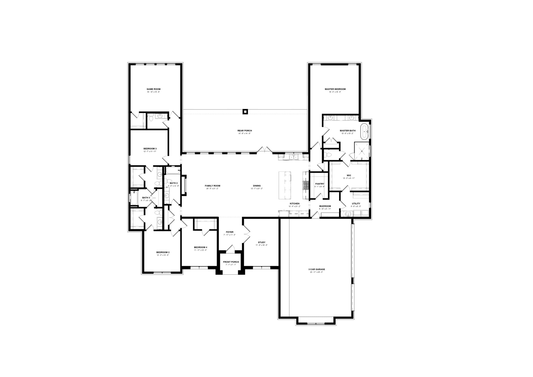 Sienna floor plan featuring 4 bedrooms, 3.5 bathrooms, single-story layout with open family room, rear porch, and 3-car garage