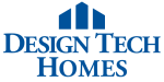 Design Tech Homes logo in blue with house silhouette above company name on black background
