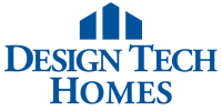 Design Tech Homes logo in blue with house silhouette above company name on black background